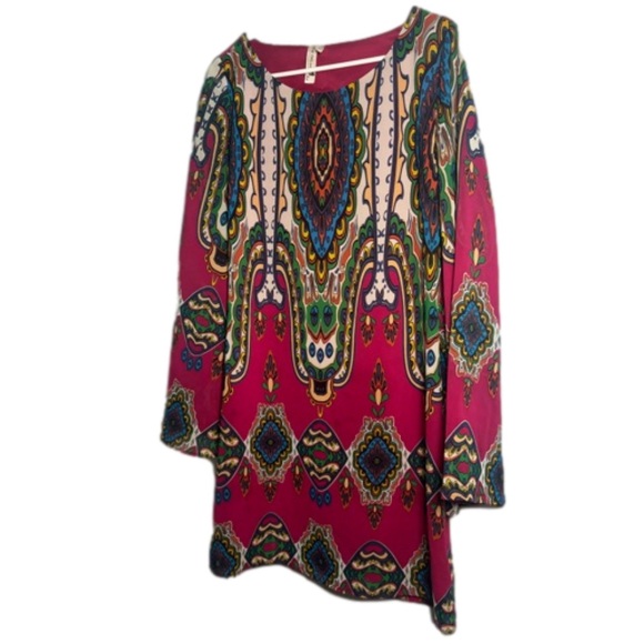 Pink Owl multicolored dress, fully lined, open back pattern, Size Large - Picture 2 of 4